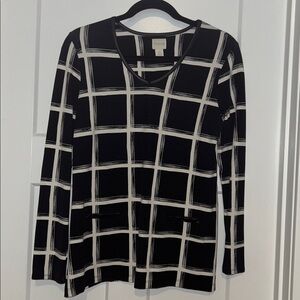 Chico’s Size 0 Graphic Print Faux Leather Trim Long Sleeve Tunic Top Black White